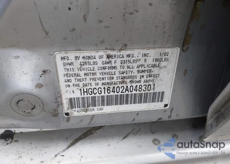 2002 Honda Accord 3.0 Lx z USA, uszkodzony, nr VIN 1HGCG16402A048301